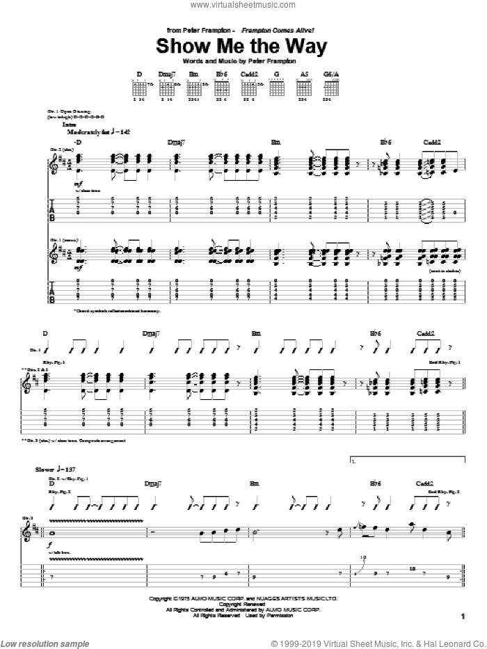 Show Me The Way sheet music for guitar (tablature) by Peter Frampton, intermediate skill level