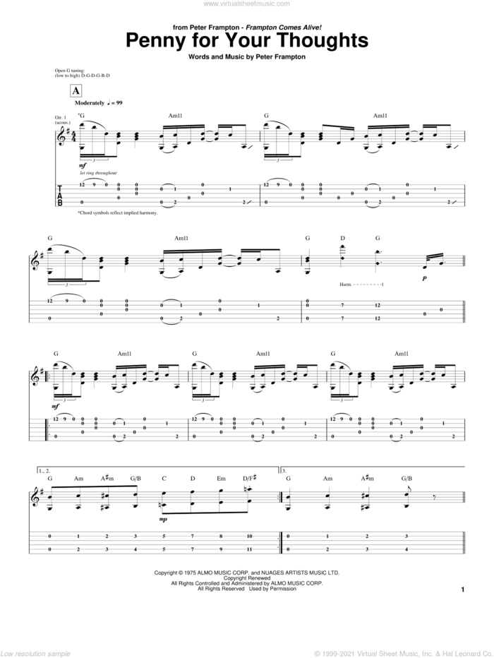 Penny For Your Thoughts sheet music for guitar (tablature) by Peter Frampton, intermediate skill level