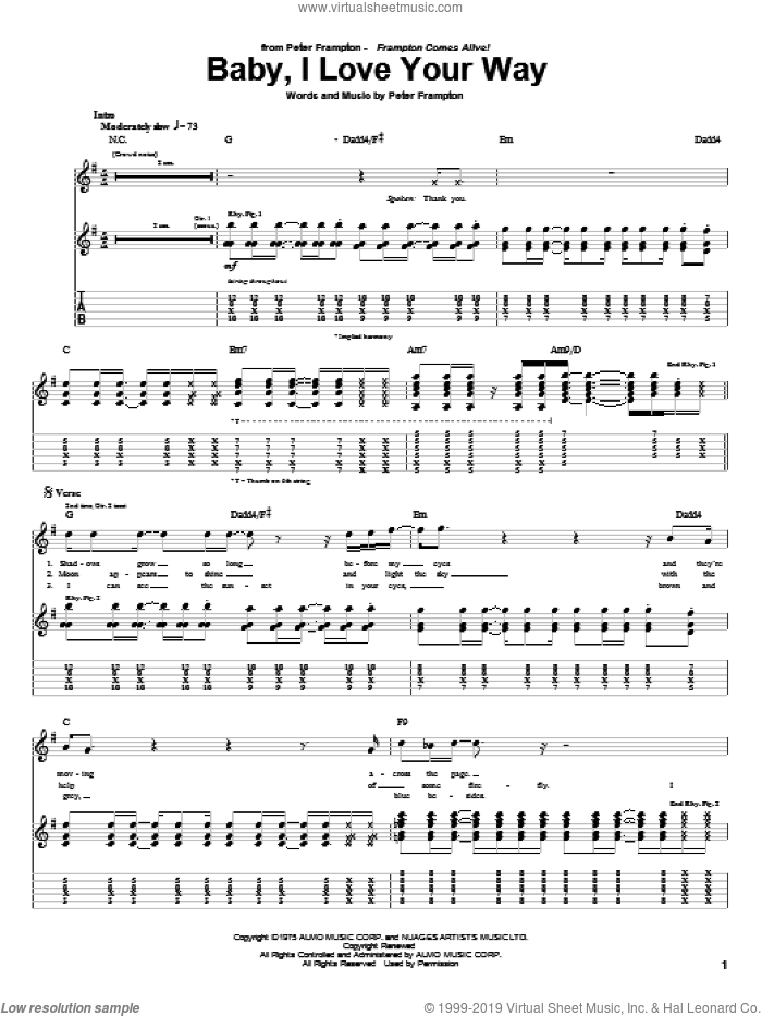 Baby, I Love Your Way sheet music for guitar (tablature) by Peter Frampton, intermediate skill level