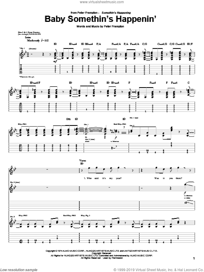 Baby Somethin's Happenin' sheet music for guitar (tablature) by Peter Frampton, intermediate skill level