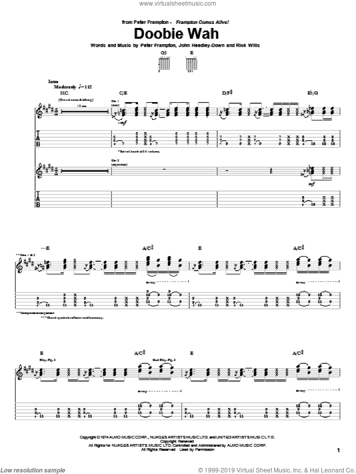 Doobie Wah sheet music for guitar (tablature) by Peter Frampton, John Headley-Down and Rick Wills, intermediate skill level