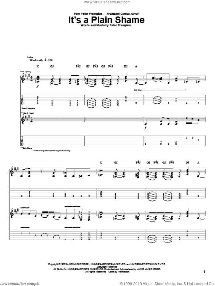 It's A Plain Shame sheet music for guitar (tablature) by Peter Frampton, intermediate skill level