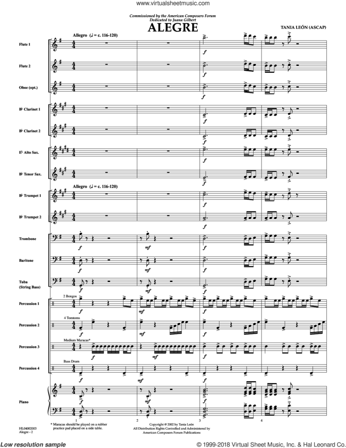 Alegre (COMPLETE) sheet music for concert band by Tania Leon and Tania Leon, intermediate skill level
