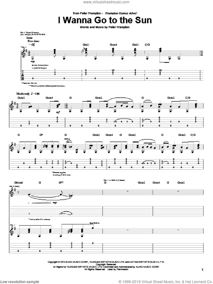 I Wanna Go To The Sun sheet music for guitar (tablature) by Peter Frampton, intermediate skill level