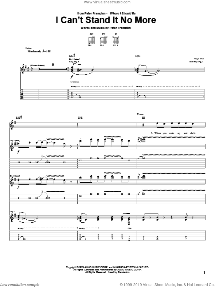I Can't Stand It No More sheet music for guitar (tablature) by Peter Frampton, intermediate skill level
