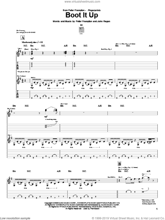 Boot It Up sheet music for guitar (tablature) by Peter Frampton and John Regan, intermediate skill level
