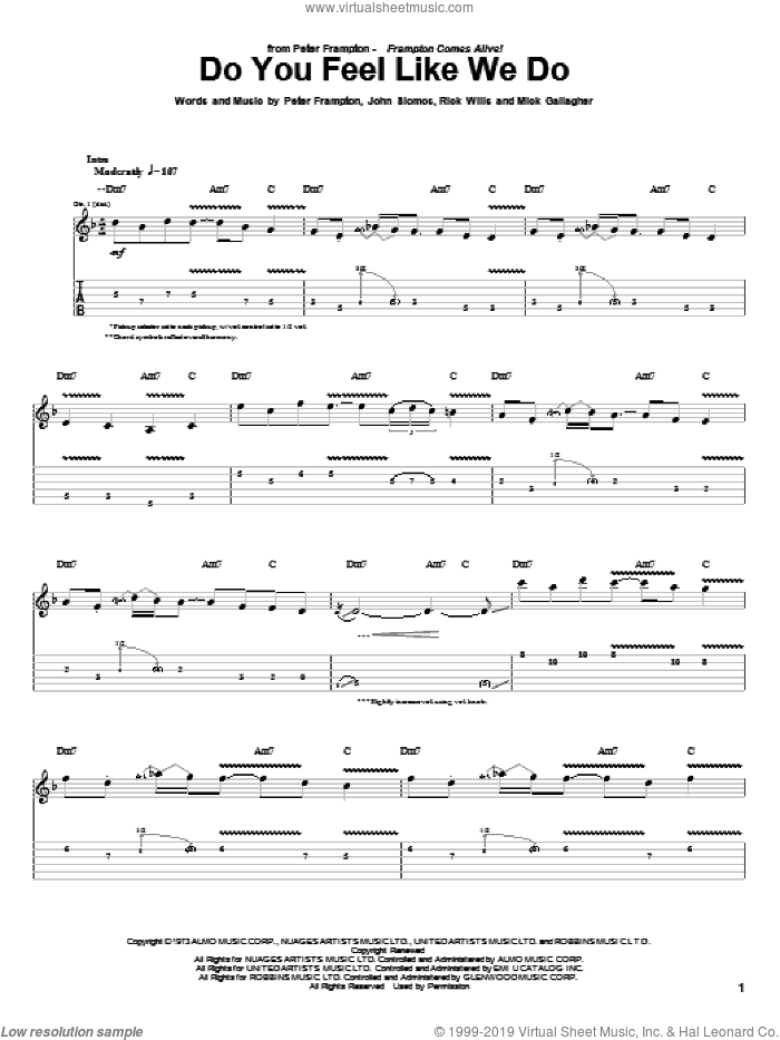 Do You Feel Like We Do sheet music for guitar (tablature) by Peter Frampton, John Siomos, Mick Gallagher and Rick Wills, intermediate skill level