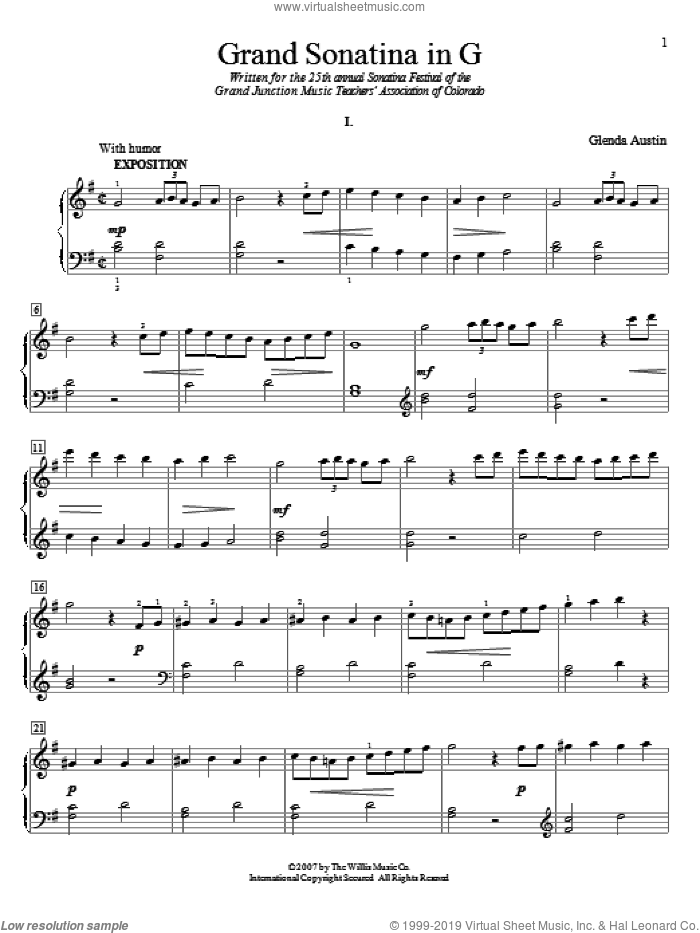 Grand Sonatina In G sheet music for piano solo (elementary) by Glenda Austin, classical score, beginner piano (elementary)