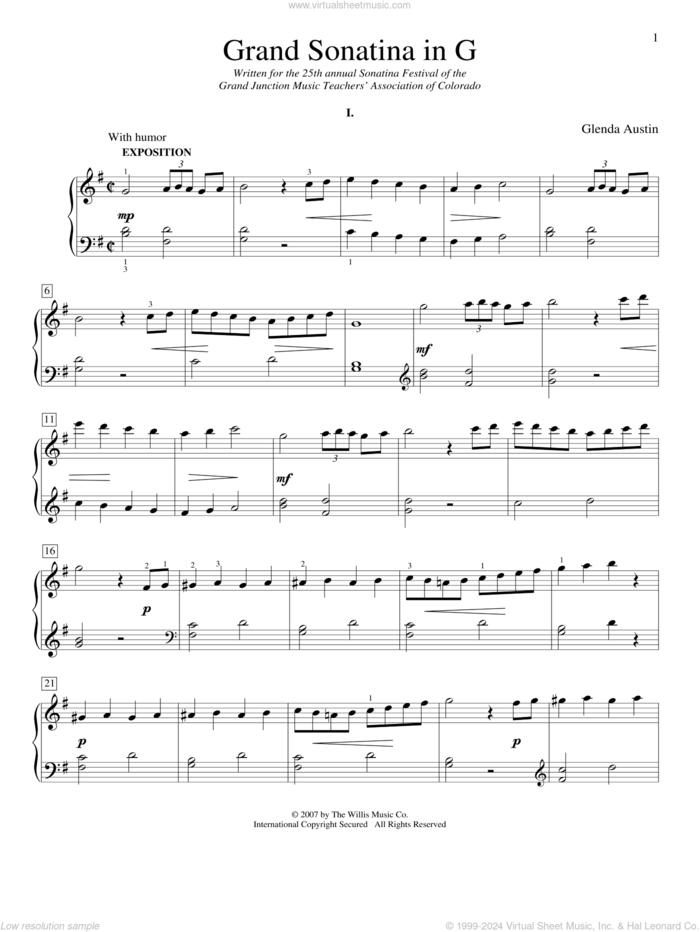 Grand Sonatina In G sheet music for piano solo (elementary) by Glenda Austin, classical score, beginner piano (elementary)