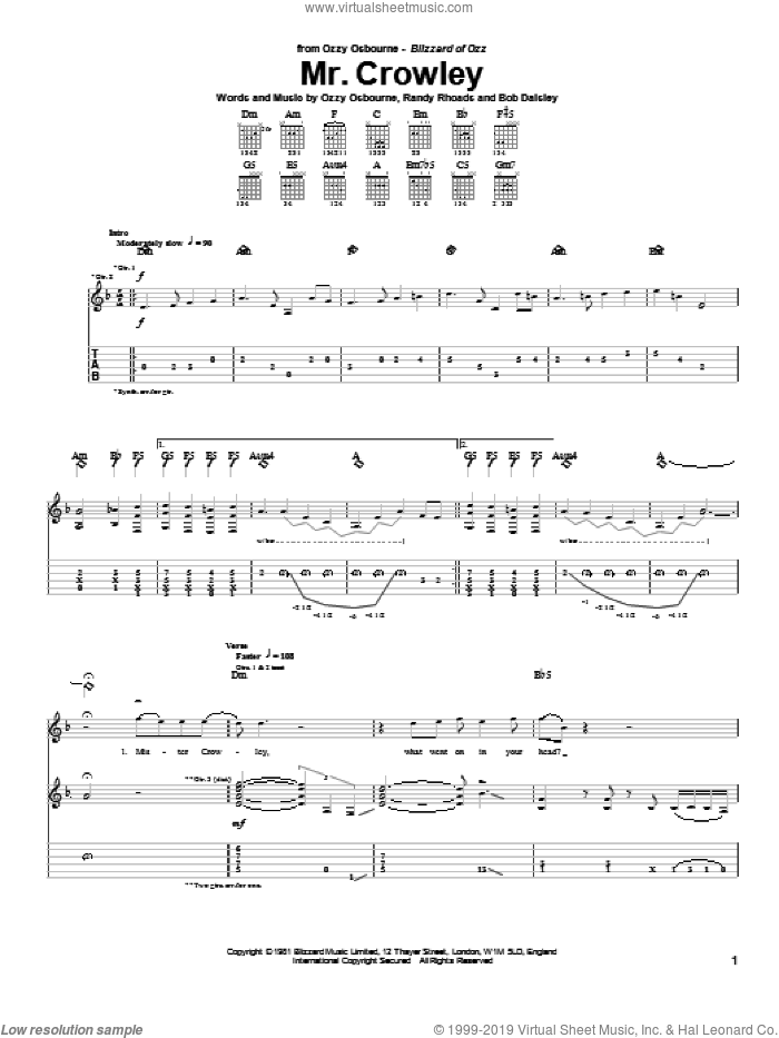 Mr. Crowley sheet music for guitar (tablature) by Ozzy Osbourne, Bob Daisley and Randy Rhoads, intermediate skill level