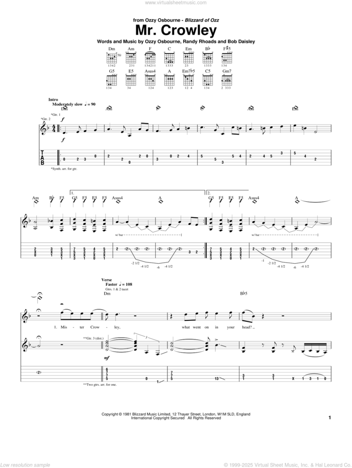 Mr. Crowley sheet music for guitar (tablature) by Ozzy Osbourne, Bob Daisley and Randy Rhoads, intermediate skill level