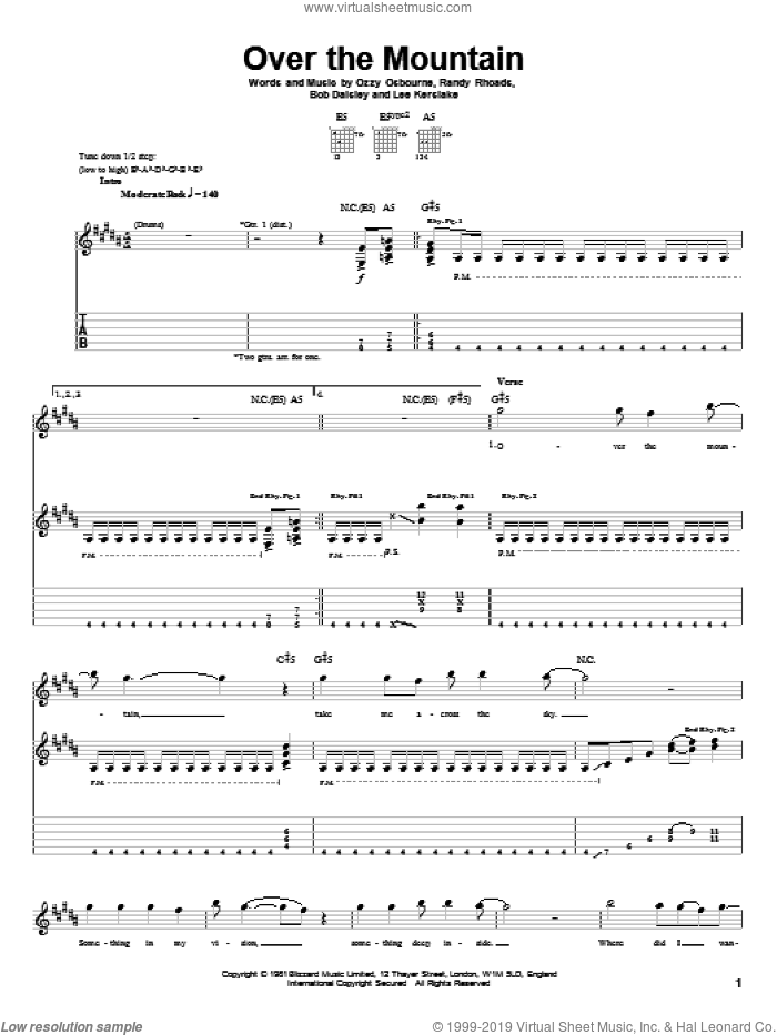 Over The Mountain sheet music for guitar (tablature) by Ozzy Osbourne, Bob Daisley, Lee Kerslake and Randy Rhoads, intermediate skill level