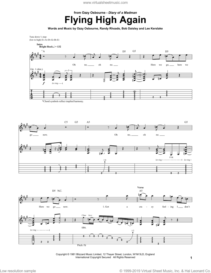 Flying High Again sheet music for guitar (tablature) by Ozzy Osbourne, Bob Daisley, Lee Kerslake and Randy Rhoads, intermediate skill level