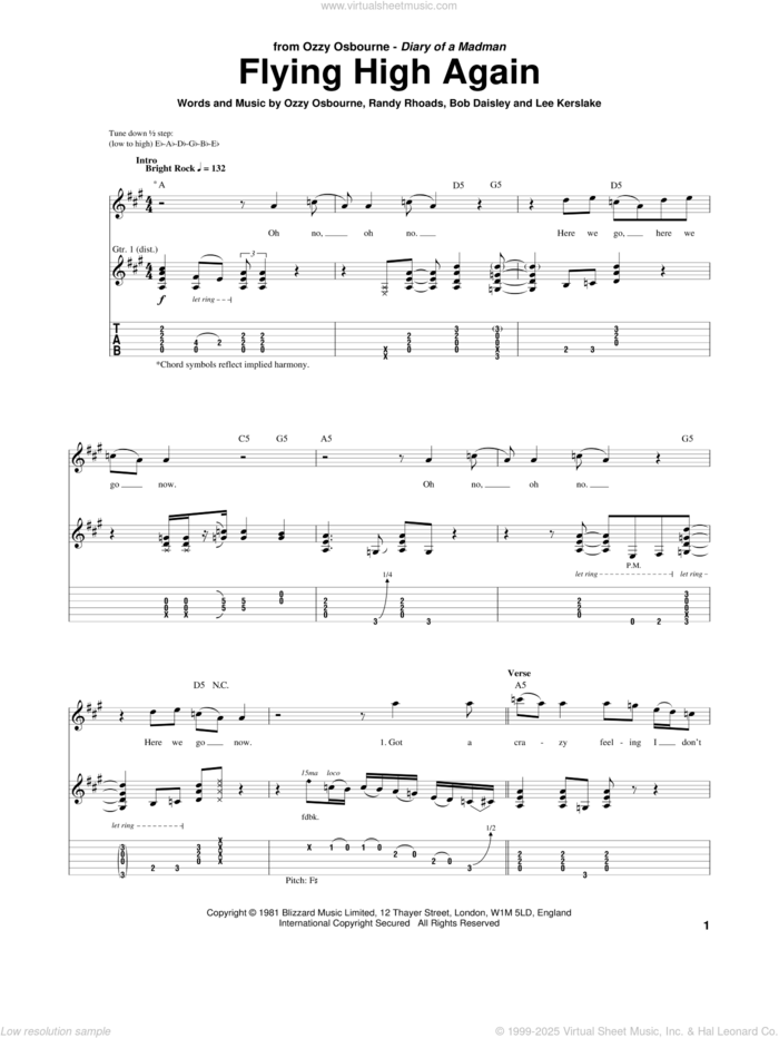 Flying High Again sheet music for guitar (tablature) by Ozzy Osbourne, Bob Daisley, Lee Kerslake and Randy Rhoads, intermediate skill level