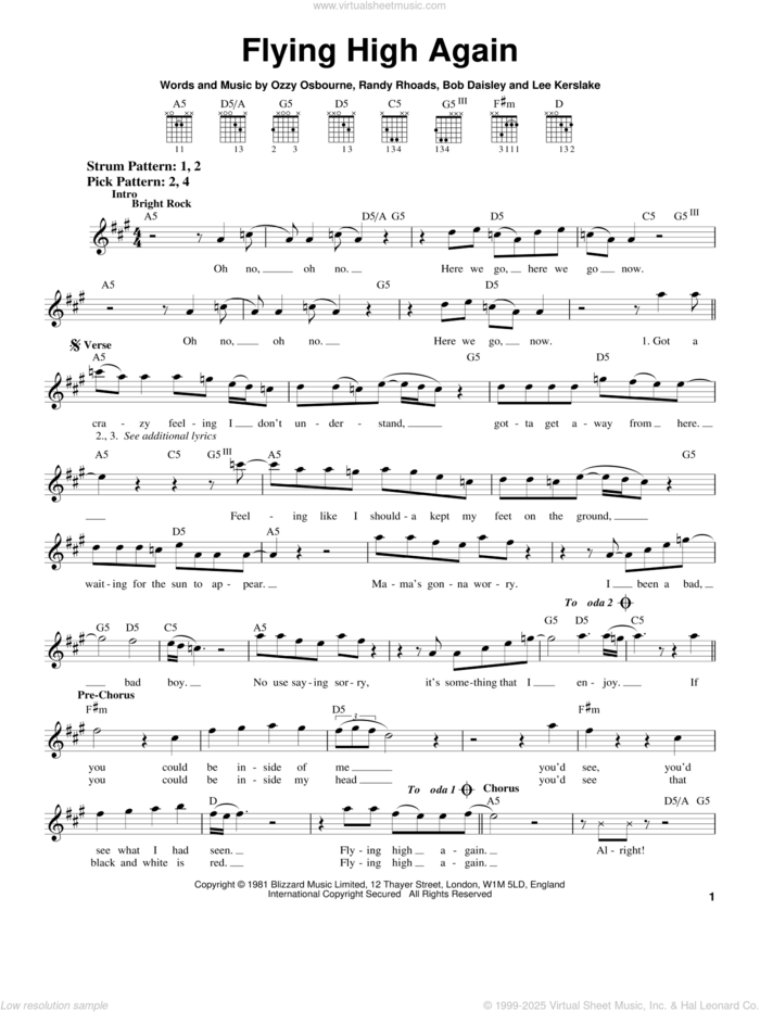 Flying High Again sheet music for guitar solo (chords) by Ozzy Osbourne, Bob Daisley, Lee Kerslake and Randy Rhoads, easy guitar (chords)