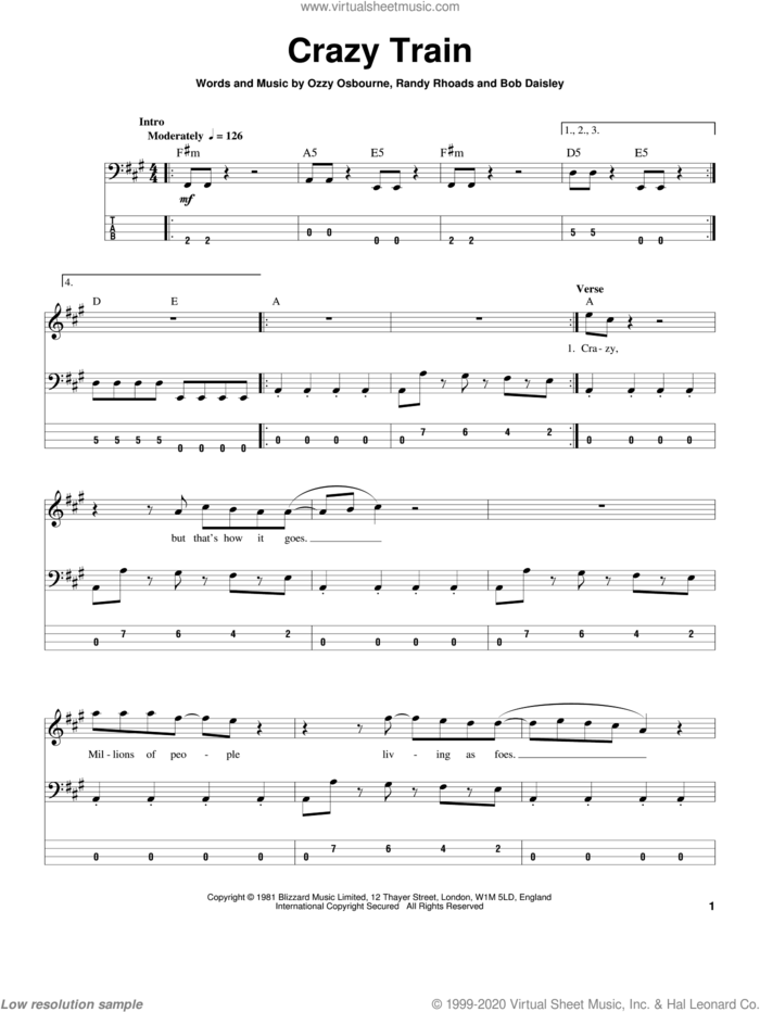 Crazy Train sheet music for bass (tablature) (bass guitar) by Ozzy Osbourne, Bob Daisley and Randy Rhoads, intermediate skill level
