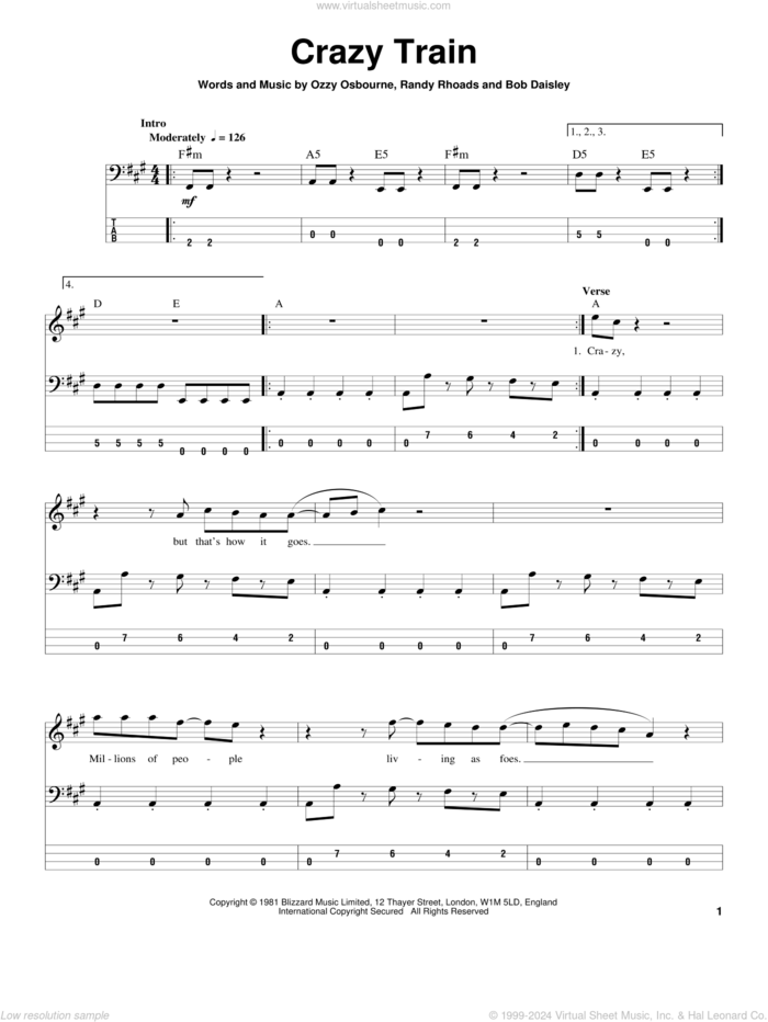 Crazy Train sheet music for bass (tablature) (bass guitar) by Ozzy Osbourne, Bob Daisley and Randy Rhoads, intermediate skill level