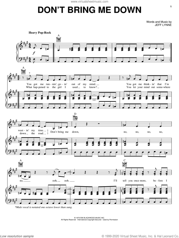 Don't Bring Me Down sheet music for voice, piano or guitar by Electric Light Orchestra and Jeff Lynne, intermediate skill level
