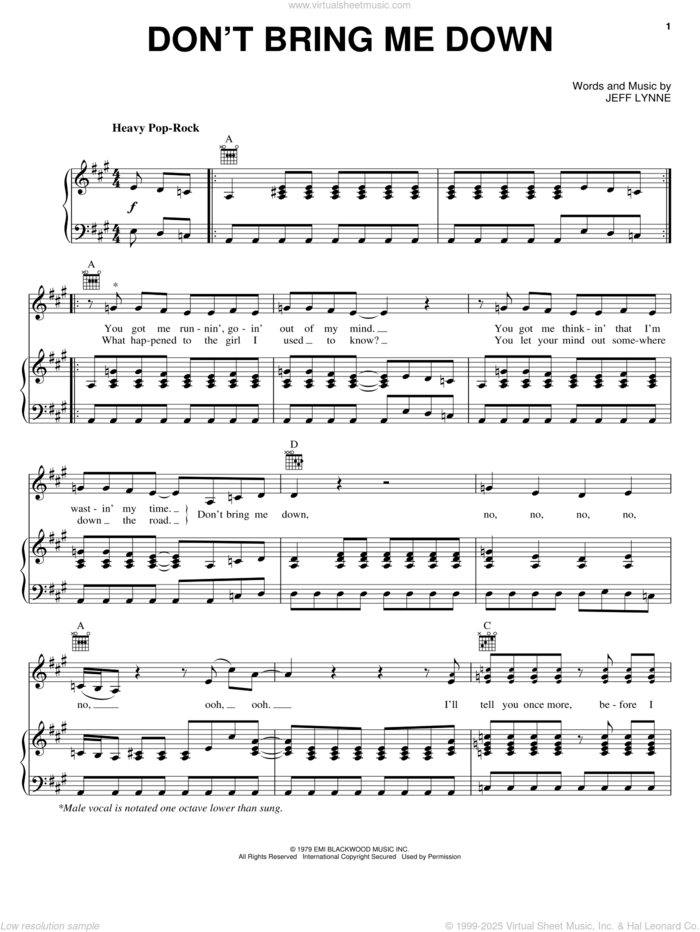 Don't Bring Me Down sheet music for voice, piano or guitar by Electric Light Orchestra and Jeff Lynne, intermediate skill level