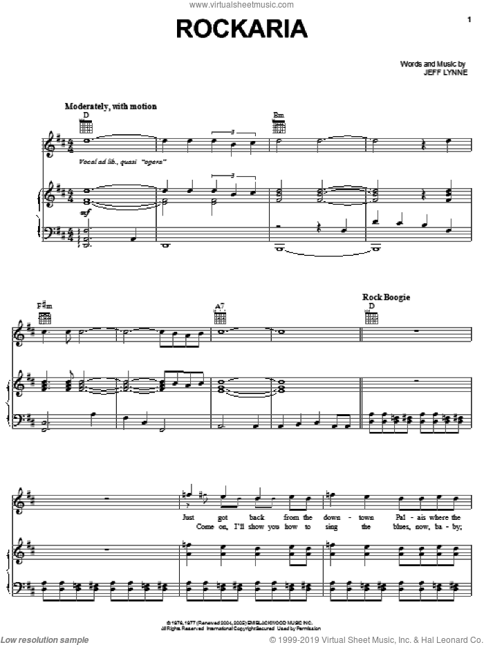 Rockaria sheet music for voice, piano or guitar by Electric Light Orchestra and Jeff Lynne, intermediate skill level