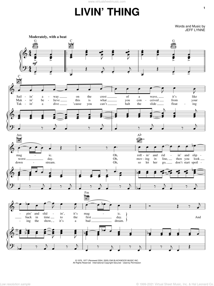 Livin' Thing sheet music for voice, piano or guitar by Electric Light Orchestra and Jeff Lynne, intermediate skill level