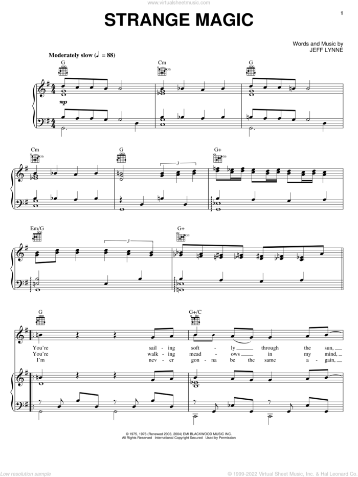 Strange Magic sheet music for voice, piano or guitar by Electric Light Orchestra and Jeff Lynne, intermediate skill level