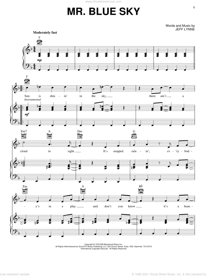 Mr. Blue Sky sheet music for voice, piano or guitar by Electric Light Orchestra and Jeff Lynne, intermediate skill level