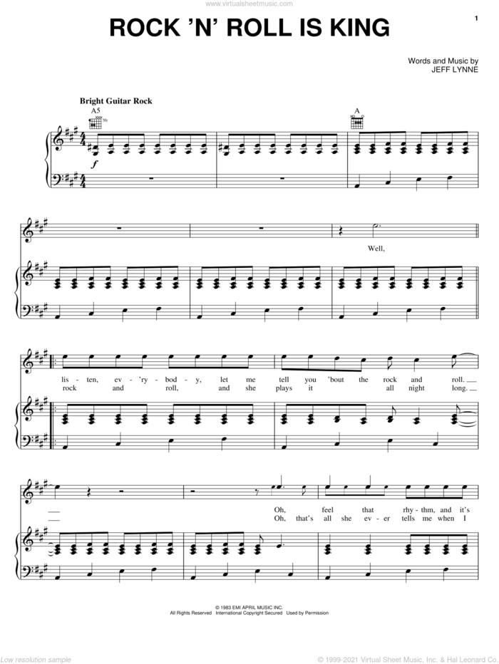 Rock 'N' Roll Is King sheet music for voice, piano or guitar by Electric Light Orchestra and Jeff Lynne, intermediate skill level