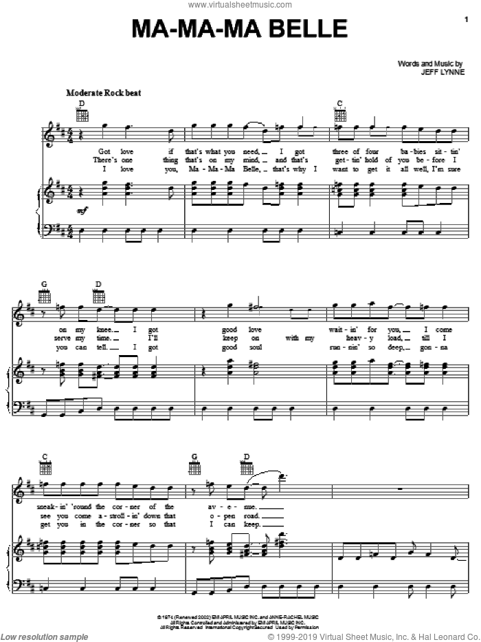 Ma-Ma-Ma Belle sheet music for voice, piano or guitar by Electric Light Orchestra and Jeff Lynne, intermediate skill level