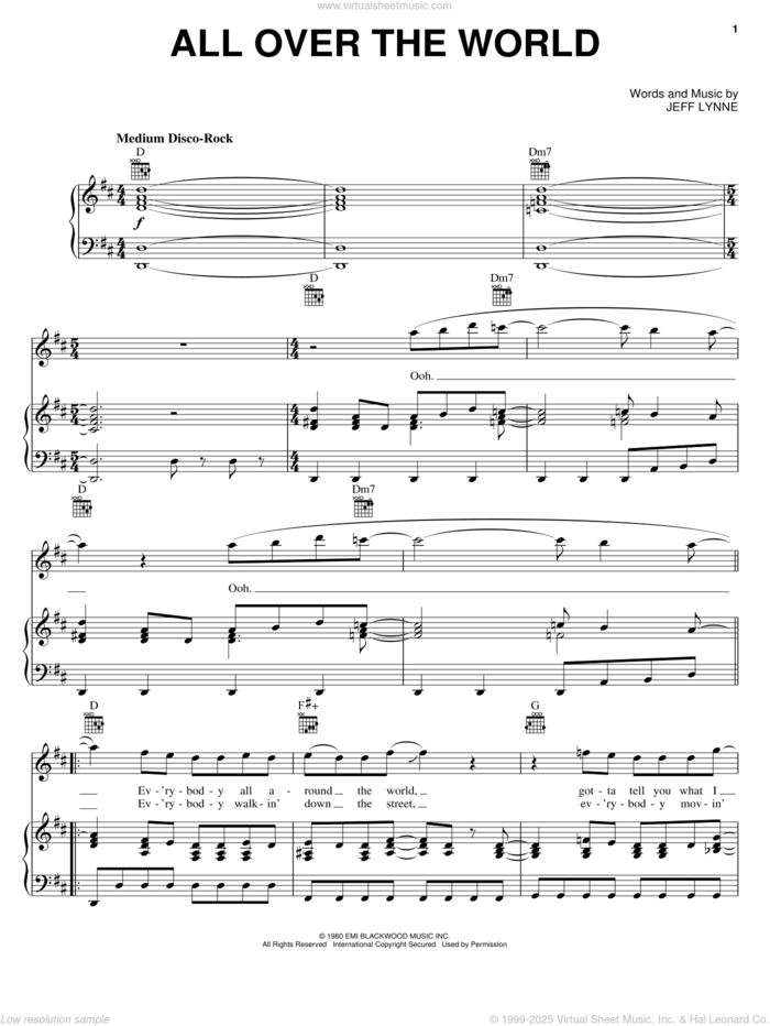 All Over The World sheet music for voice, piano or guitar by Electric Light Orchestra and Jeff Lynne, intermediate skill level