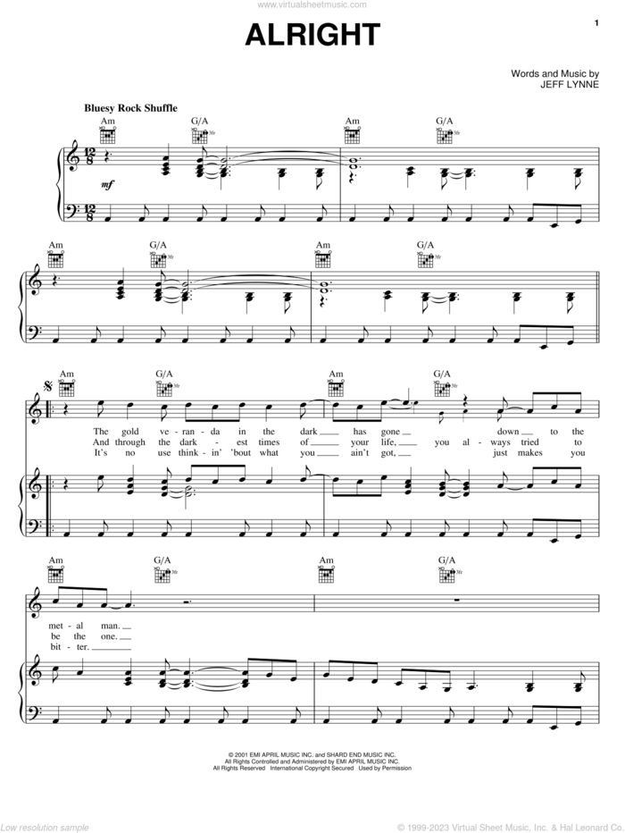 Alright sheet music for voice, piano or guitar by Electric Light Orchestra and Jeff Lynne, intermediate skill level