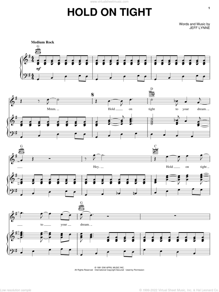 Hold On Tight sheet music for voice, piano or guitar by Electric Light Orchestra and Jeff Lynne, intermediate skill level