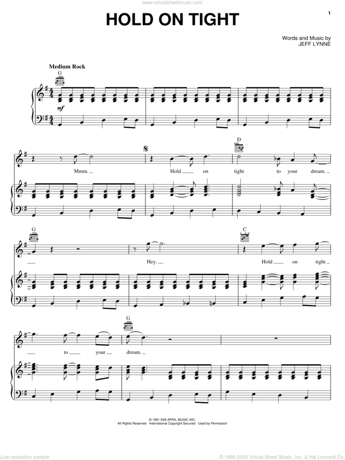 Hold On Tight sheet music for voice, piano or guitar by Electric Light Orchestra and Jeff Lynne, intermediate skill level