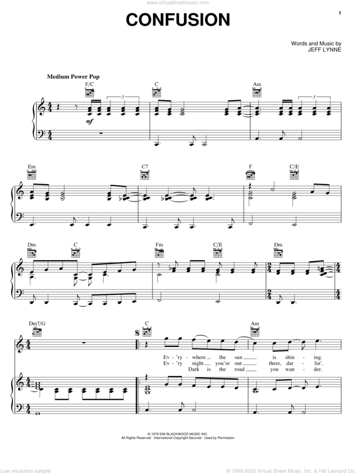 Confusion sheet music for voice, piano or guitar by Electric Light Orchestra and Jeff Lynne, intermediate skill level