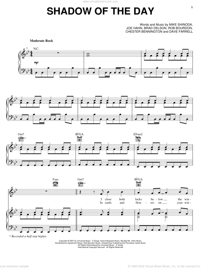Shadow Of The Day sheet music for voice, piano or guitar by Linkin Park, Brad Delson, Chester Bennington, Dave Farrell, Joe Hahn, Mike Shinoda and Rob Bourdon, intermediate skill level