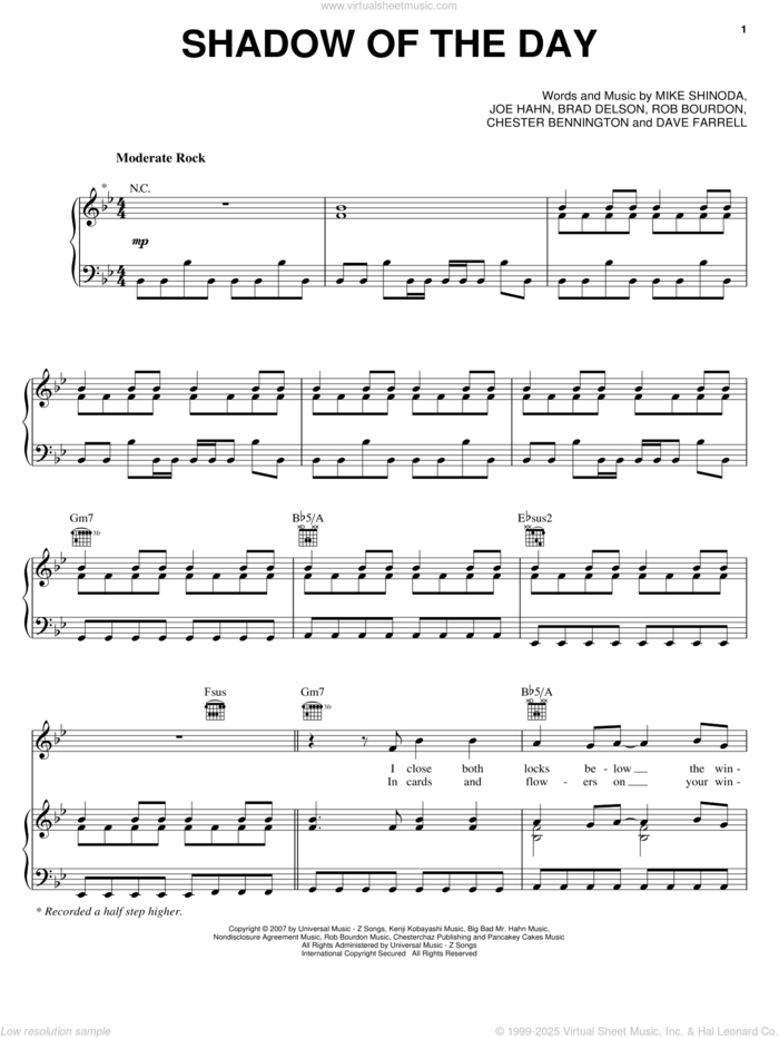 Shadow Of The Day sheet music for voice, piano or guitar by Linkin Park, Brad Delson, Chester Bennington, Dave Farrell, Joe Hahn, Mike Shinoda and Rob Bourdon, intermediate skill level