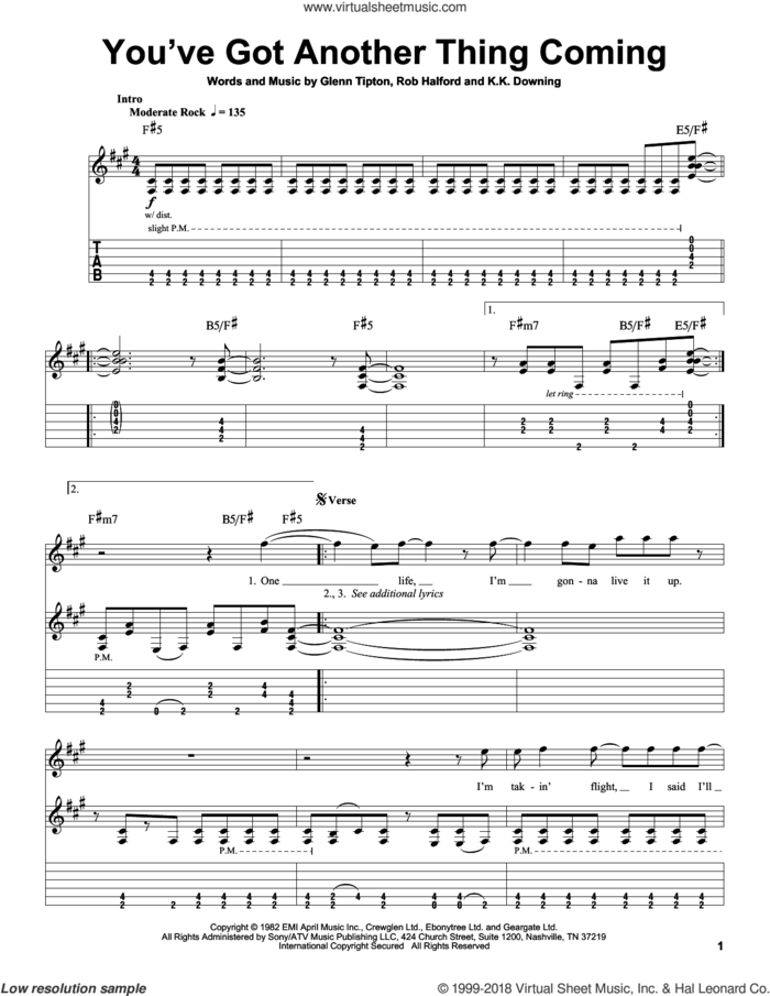 You've Got Another Thing Comin' sheet music for guitar (tablature, play-along) by Judas Priest, Glenn Tipton, K.K. Downing and Rob Halford, intermediate skill level