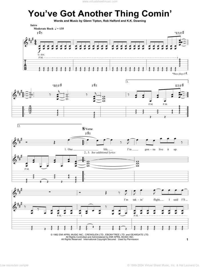 You've Got Another Thing Comin' sheet music for guitar (tablature, play-along) by Judas Priest, Glenn Tipton, K.K. Downing and Rob Halford, intermediate skill level