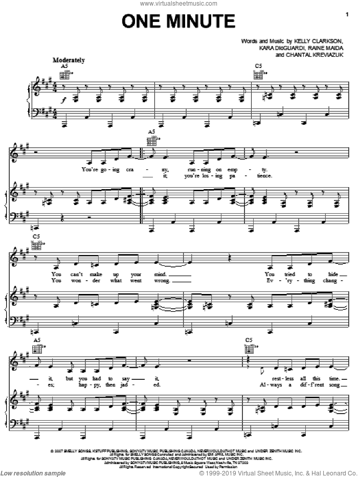 One Minute sheet music for voice, piano or guitar by Kelly Clarkson, Chantal Kreviazuk, Kara DioGuardi and Raine Maida, intermediate skill level