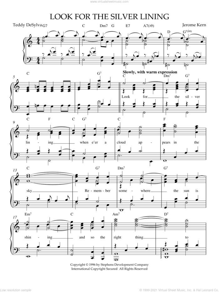 Look For The Silver Lining, (intermediate) sheet music for piano solo by Jerome Kern and Buddy DeSylva, intermediate skill level