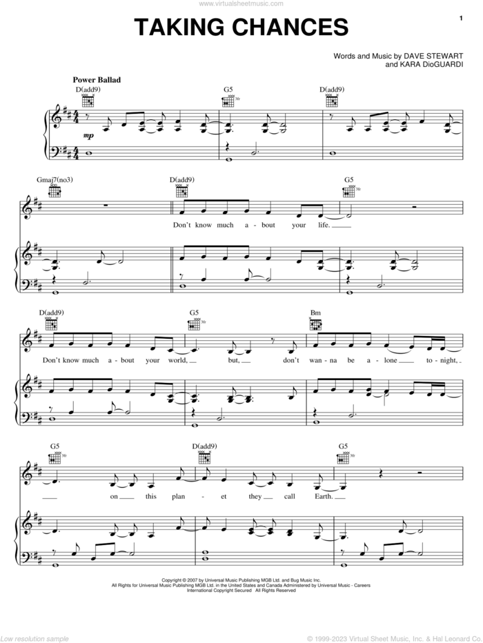 Taking Chances sheet music for voice, piano or guitar by Celine Dion, Miscellaneous, Dave Stewart and Kara DioGuardi, intermediate skill level