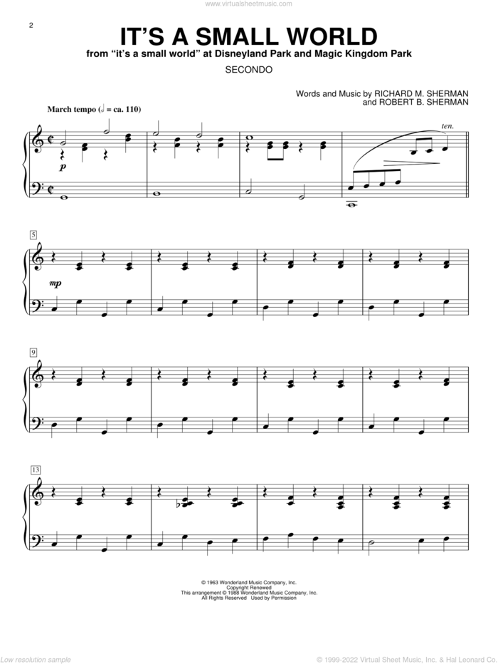 It's A Small World sheet music for piano four hands by Sherman Brothers, Richard M. Sherman and Robert B. Sherman, intermediate skill level
