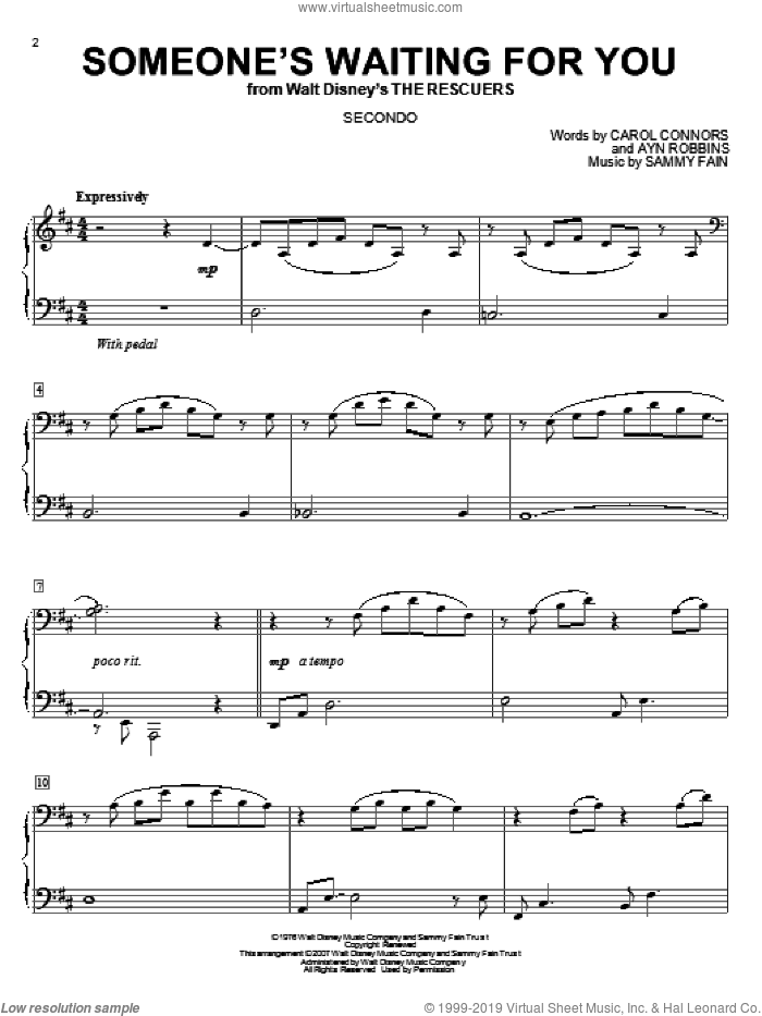 Someone's Waiting For You sheet music for piano four hands by Sammy Fain, Ayn Robbins and Carol Connors, intermediate skill level
