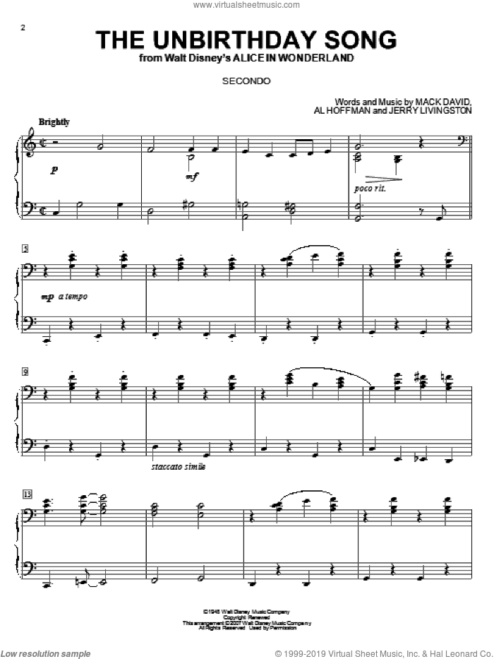 The Unbirthday Song (from Alice In Wonderland) sheet music for piano four hands by Mack David, Al Hoffman and Jerry Livingston, Al Hoffman, Jerry Livingston and Mack David, intermediate skill level