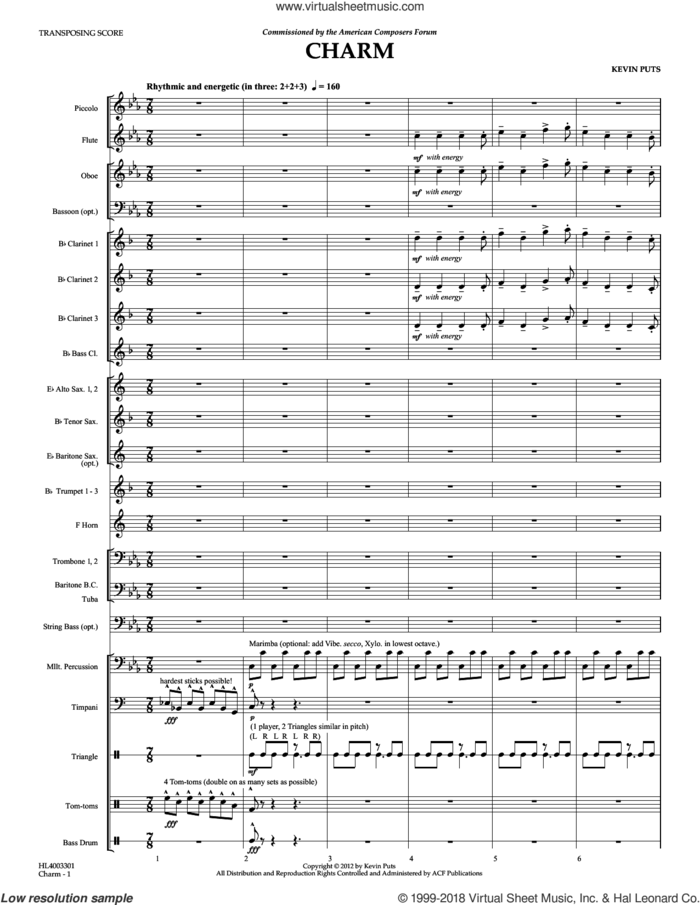 Charm (complete set of parts) sheet music for concert band by Kevin Puts, intermediate skill level