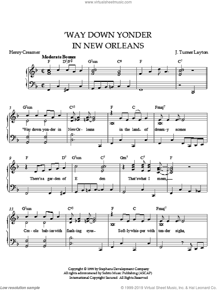 'Way Down Yonder In New Orleans sheet music for piano solo by Layton, Henry Creamer and Turner Layton, Henry Creamer and Turner Layton, intermediate skill level
