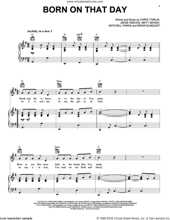 Born On That Day sheet music for voice, piano or guitar by Matt Maher, Brian Elmquist, Charles Parks, Chris Tomlin and Jesse Reeves, intermediate skill level