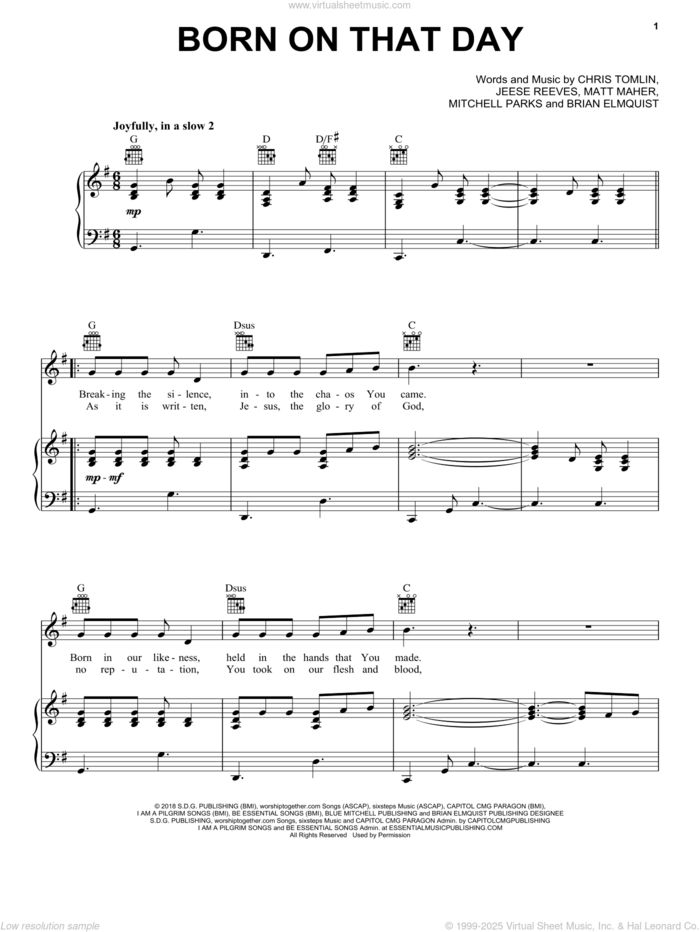 Born On That Day sheet music for voice, piano or guitar by Matt Maher, Brian Elmquist, Charles Parks, Chris Tomlin and Jesse Reeves, intermediate skill level