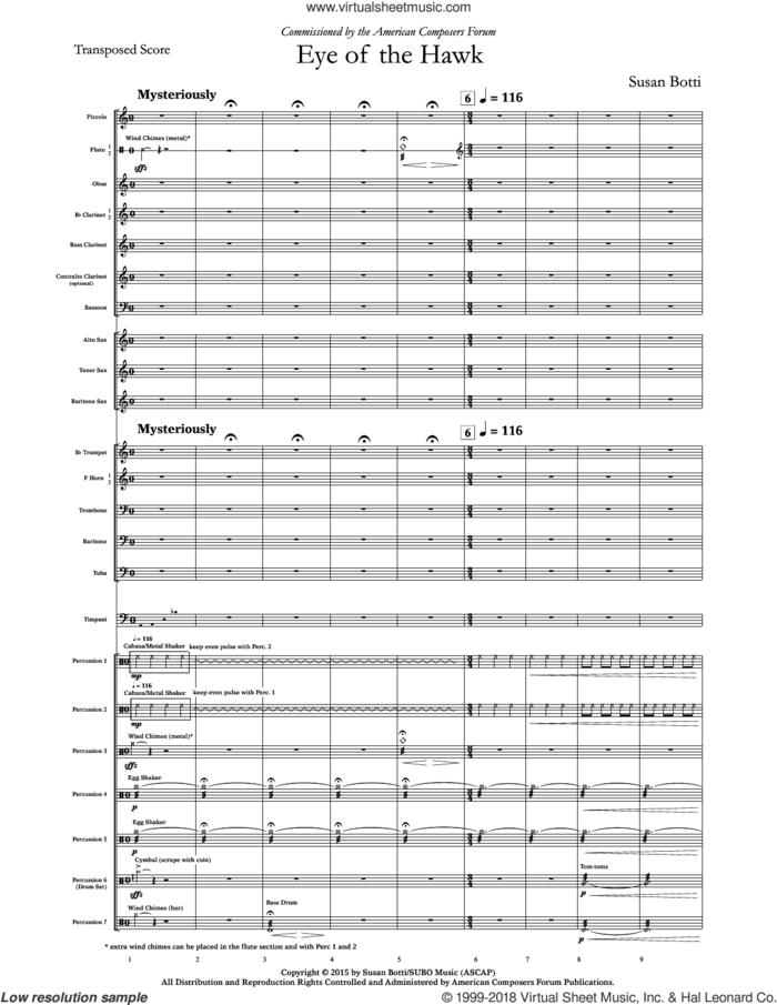 Eye of the Hawk (complete set of parts) sheet music for concert band by Susan Botti, intermediate skill level