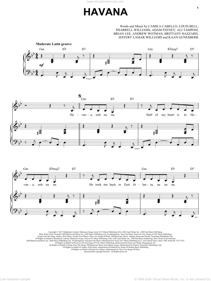 Havana (feat. Young Thug) sheet music for voice and piano by Camila Cabello, Adam Feeney, Ali Tamposi, Andrew Wotman, Brian Lee, Brittany Hazzard, Jeffery Lamar Williams, Kaan Gunesberk, Louis Bell and Pharrell Williams, intermediate skill level